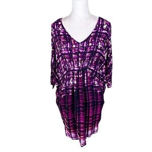 Anthropologie Maeve Dolman sleeve cocoon purple pink plaid mini dress pockets